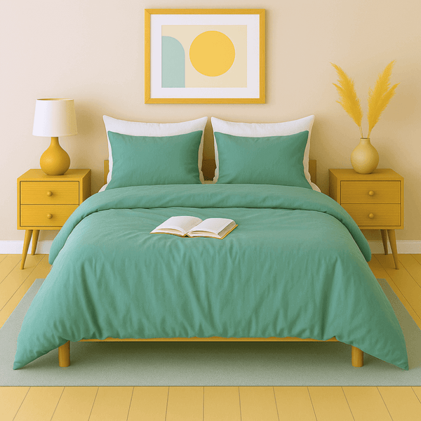 Housse de couette zippée facile à mettre en percale de coton RIO couleur eucalyptus sur un lit moderne.