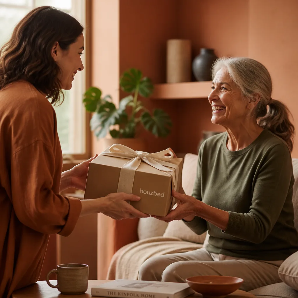 Une femme offrant une boîte cadeau Houz'Bed à une femme plus âgée assise sur un canapé, dans un intérieur chaleureux