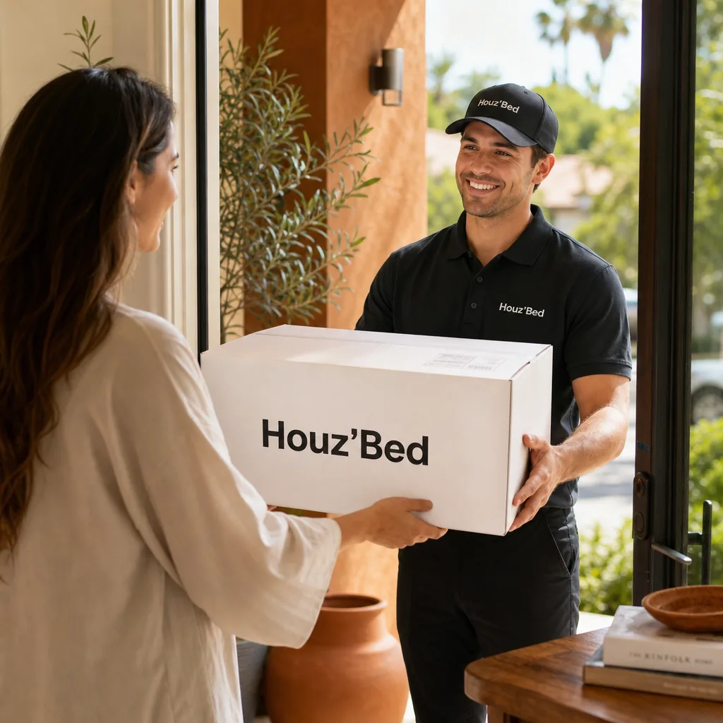 Un livreur Houz'Bed remettant en main propre un colis de la marque à une cliente sur le pas de sa porte, devant une maison aux murs ocre