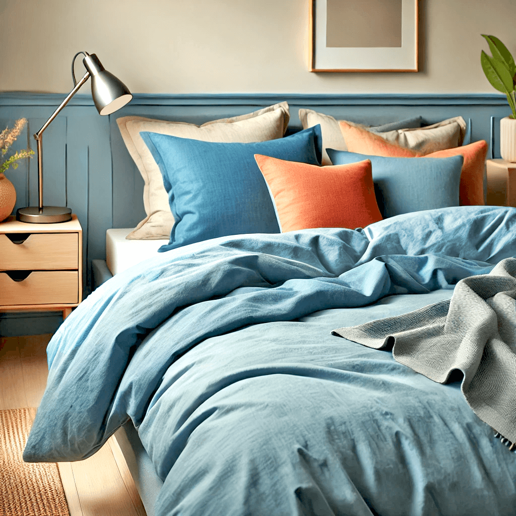 Chambre confortable avec housse de couette zippée facile à mettre bleue avec oreillers bleu et orange, table de chevet moderne et lampe élégante.