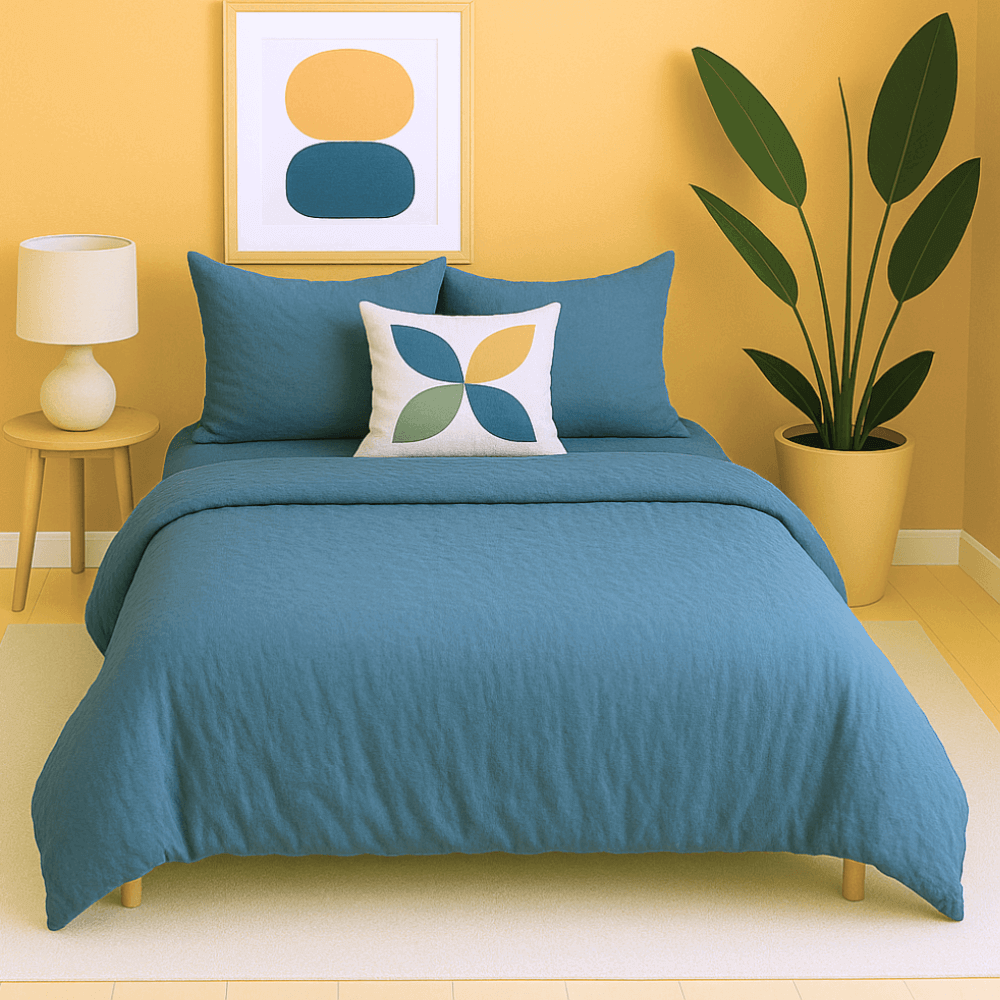 Housse de couette zippée facile à mettre gaze de coton bleue modèle DALLAS sur un lit moderne avec décoration élégante.