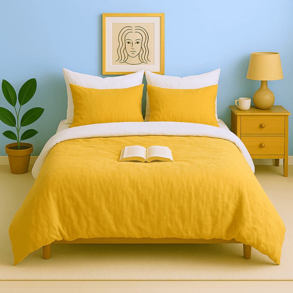 Housse de couette zippée facile à mettre gaze de coton bicolore curry et blanche modèle NEW DELHI sur un lit confortable.