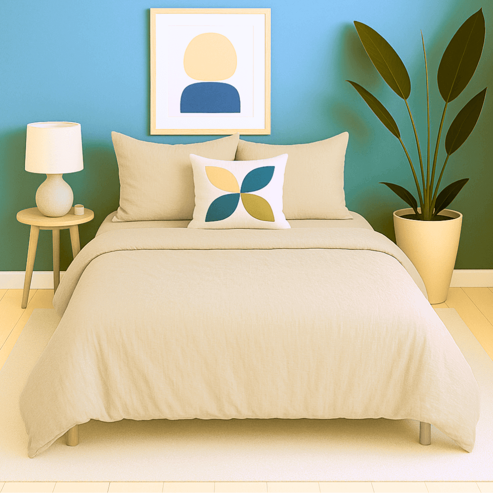 Housse de couette zippée facile à mettre gaze de coton modèle MYKONOS sur lit avec coussins et décor moderne.