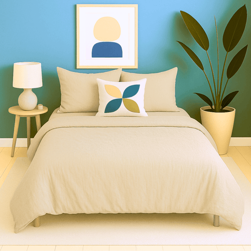 Housse de couette zippée facile à mettre gaze de coton modèle MYKONOS sur lit avec coussins et décor moderne.