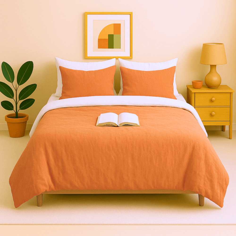 Housse de couette zippée facile à mettre gaze de coton terre de sienne et blanc modèle TOSCANE sur lit avec coussins orange et livre ouvert.