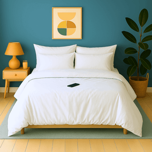 Housse de couette zippée facile à mettre en percale de coton MORZINE sur un lit blanc dans une chambre moderne.