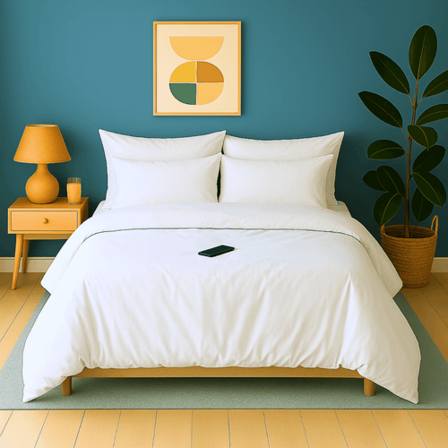Housse de couette zippée facile à mettre en percale de coton MORZINE sur un lit blanc dans une chambre moderne.