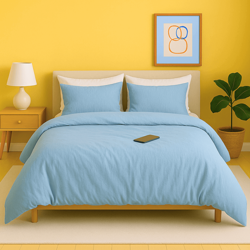 Housse de couette zippée facile à mettre en percale de coton NUUK couleur bleu glacier sur un lit dans une chambre moderne.