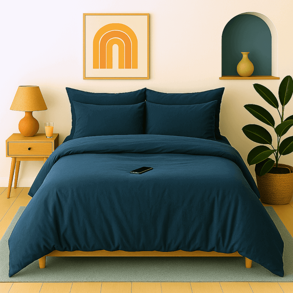 Housse de couette zippée facile à mettre en percale de coton ATLANTIS sur un lit moderne avec des accents décoratifs.