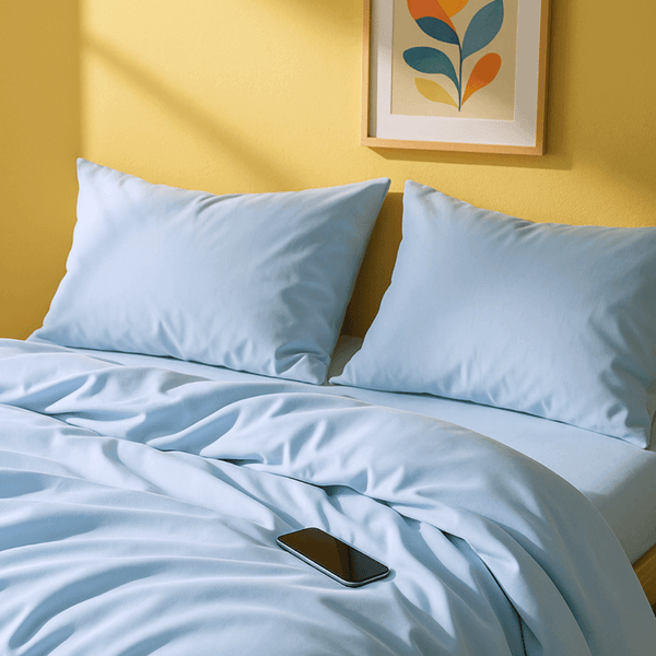 Taies d'oreillers assorties à la  housse de couette zippée facile à mettre en percale de coton NUUK sur un lit avec oreillers bleus glacier.