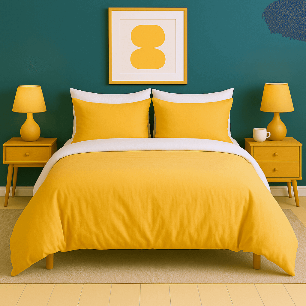 Housse de couette zippée facile à mettre en percale de coton MENTON, en couleur citron et blanc sur un lit moderne.