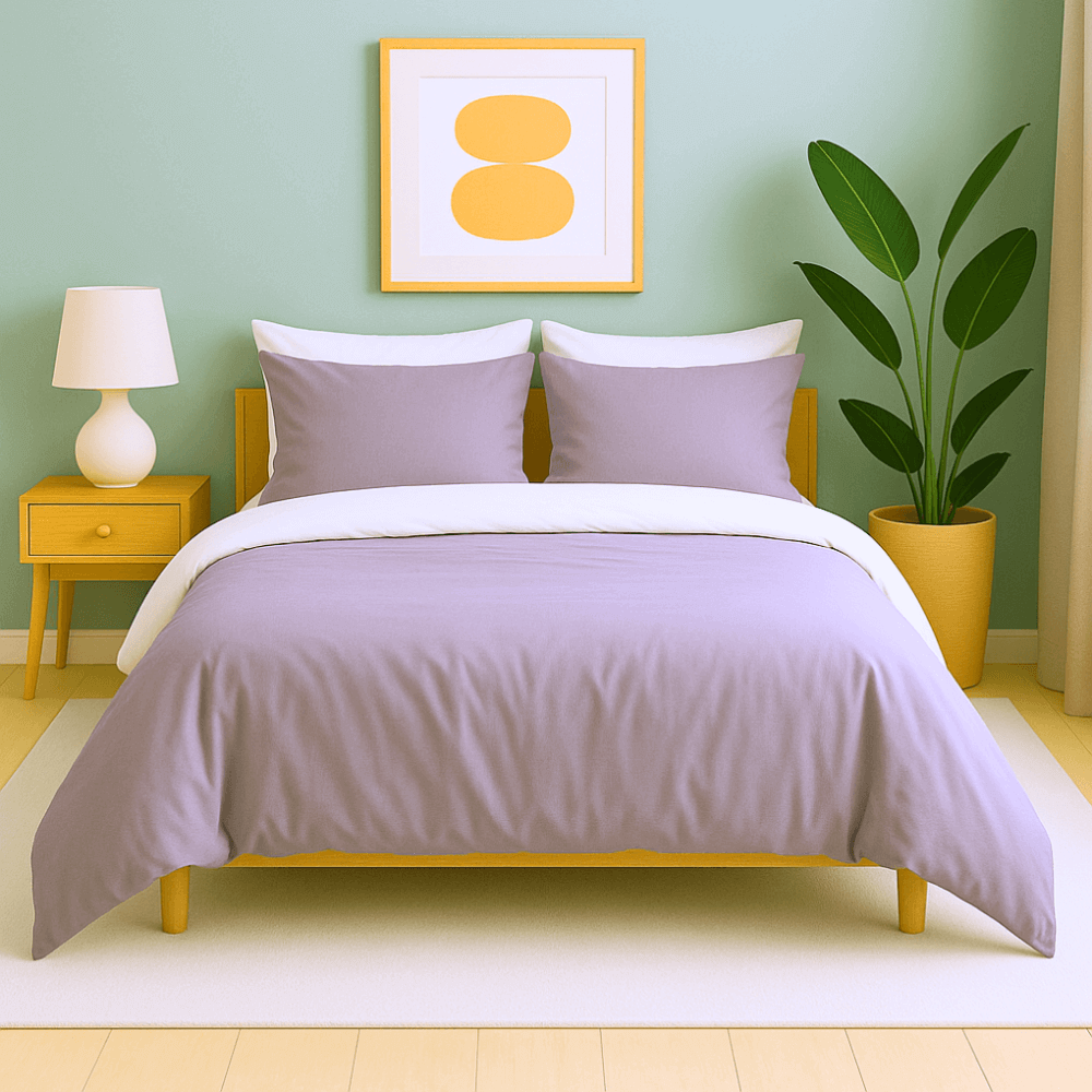 Housse de couette zippée facile à mettre en percale de coton CASSIS, couleur lavande et blanc.