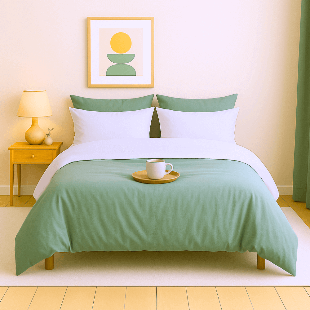 Housse de couette zippée facile à mettre en percale de coton KYOTO, couleur eucalyptus. et blanc.