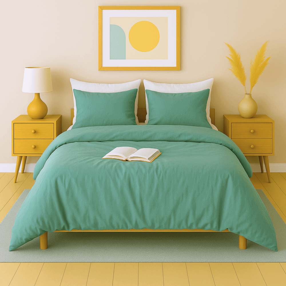 Housse de couette zippée facile à mettre en percale de coton RIO couleur eucalyptus sur un lit moderne.