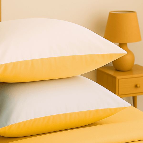 Taies d'oreillers bicolore assorties à la housse de couette zippée facile à mettre en percale de coton MENTON, en couleur citron et blanc sur un lit moderne.