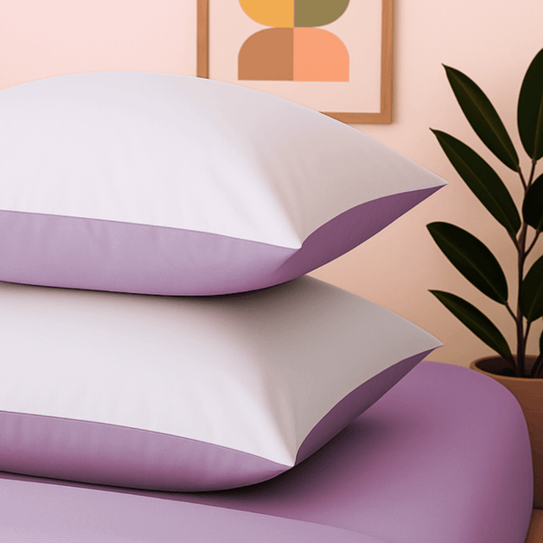 Taies d'oreillers bicolore assorties à la housse de couette zippée facile à mettre en percale de coton CASSIS, couleur lavande et blanc.