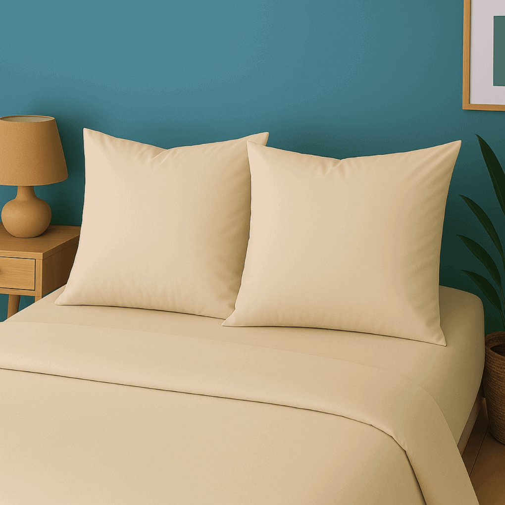 Taies d'oreiller en percale 80 unie DOHA en couleur sable avec des coussins assortis.
