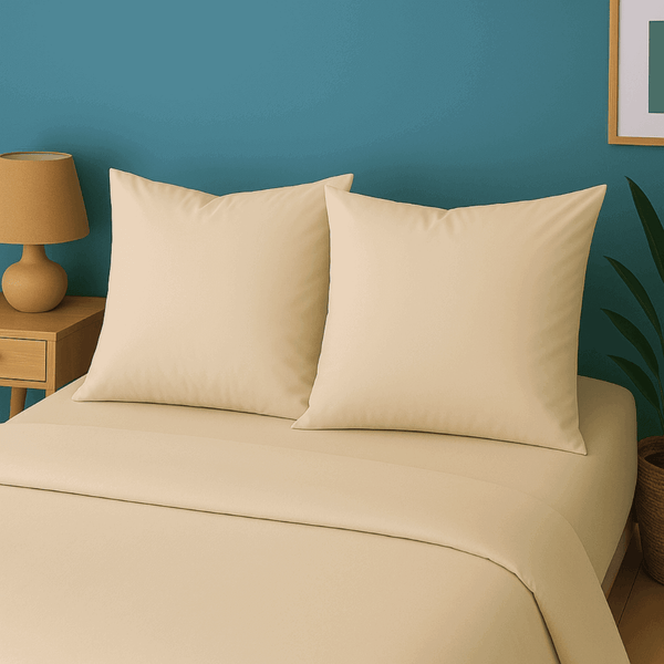 Taies d'oreiller en percale 80 unie DOHA en couleur sable avec des coussins assortis.