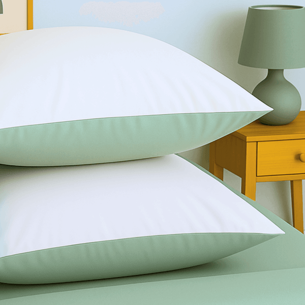 Taies d'oreillers bicolores assorties à la housse de couette zippée facile à mettre en percale de coton KYOTO, couleur eucalyptus et blanc.