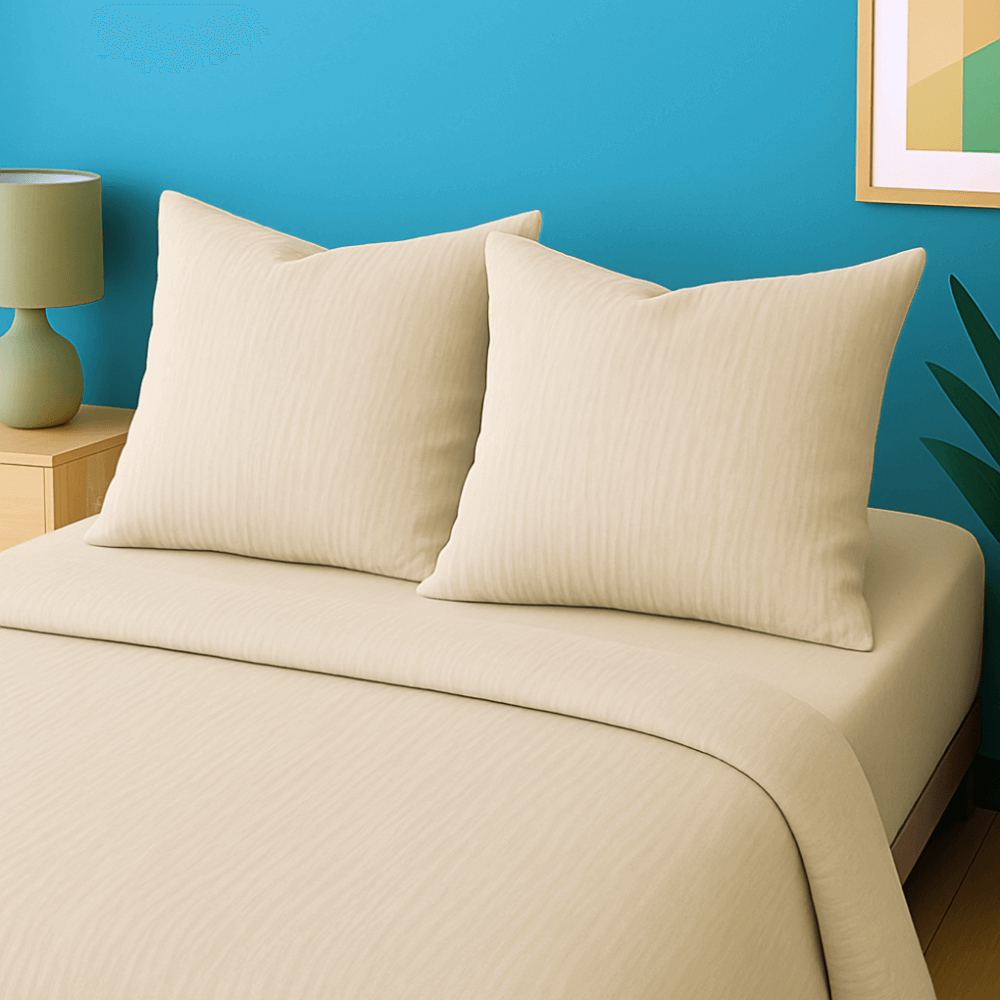 Taies d'oreillers lin assorties à la  housse de couette zippée facile à mettre gaze de coton modèle MYKONOS, couleur lin sur lit avec oreillers beige.