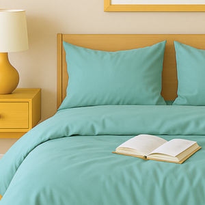 Taies d'oreillers assorties à la housse de couette zippée facile à mettre en percale de coton RIO sur un lit avec oreillers EUCALYPTUS