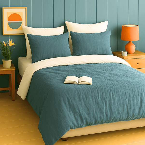 Parure de lit en gaze de coton bicolore bleu pétrole et blanc avec housse de couette et taies d'oreiller – linge de lit haut de gamme et tendance houz'bed