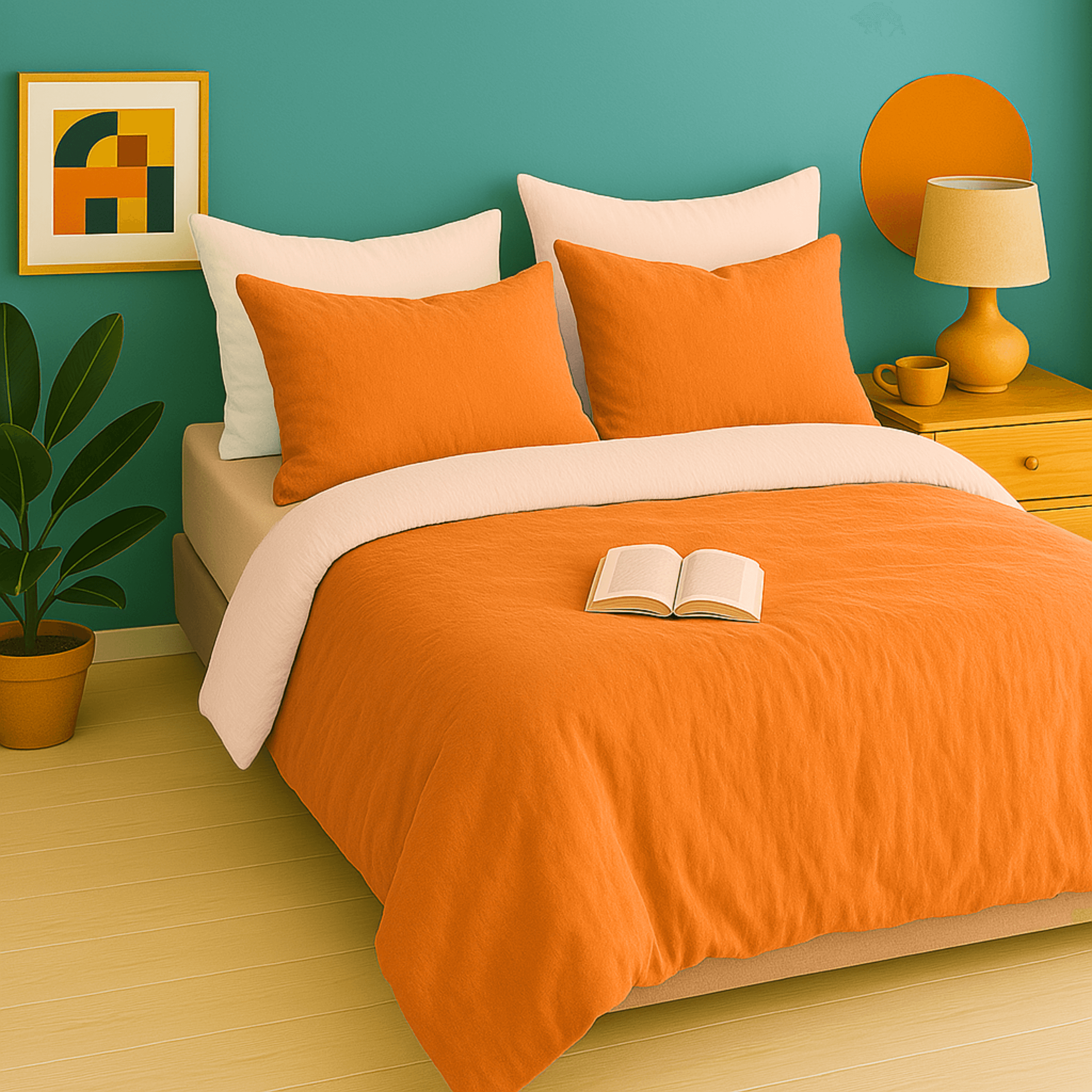 Parure de lit en gaze de coton bicolore orange et blanc avec housse de couette et taies d'oreiller – linge de lit doux et élégant houz'bed