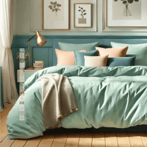 Chambre élégante avec parure de lit satin de coton vert d’eau, coussins assortis aux teintes pêche et bleu canard, plaid en maille beige et décoration murale végétale houz'bed