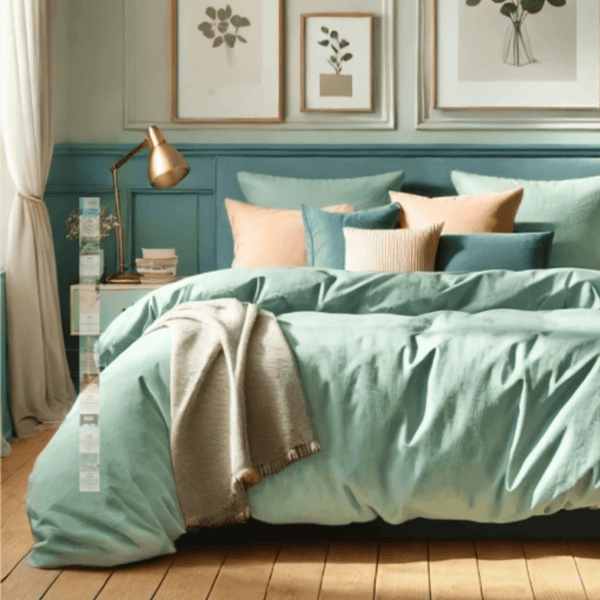 Chambre élégante avec parure de lit satin de coton vert d’eau, coussins assortis aux teintes pêche et bleu canard, plaid en maille beige et décoration murale végétale houz'bed