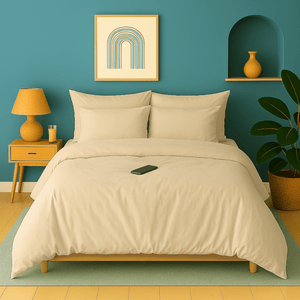 Parure de lit unie en percale de coton beige  – housse de couette et taies d'oreiller douces et naturelles houz'bed