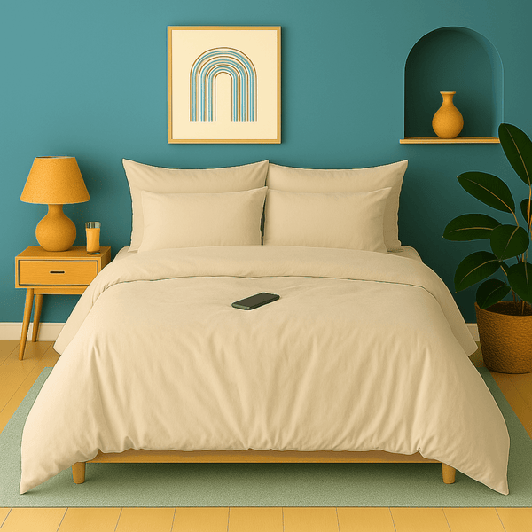 Parure de lit unie en percale de coton beige  – housse de couette et taies d'oreiller douces et naturelles houz'bed